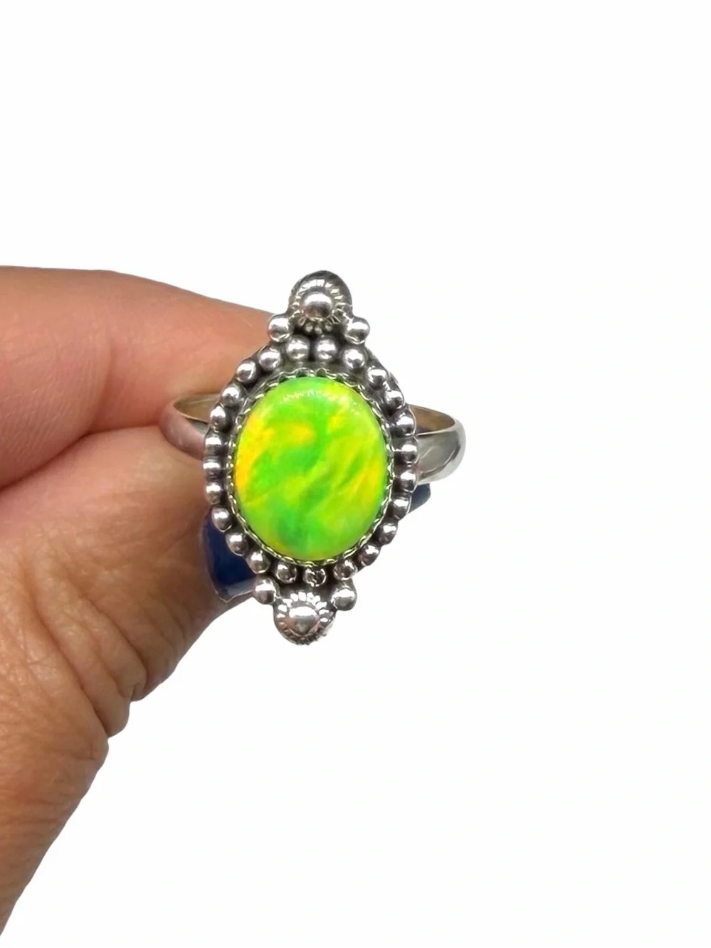 Lime Green Aurora Fire Opal Ring Size 9 Solid 925 Sterling Silver Aura